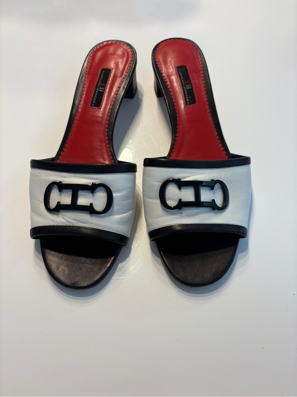 Carolina Herrera White and Black Leather Slide Mules with Red Insole